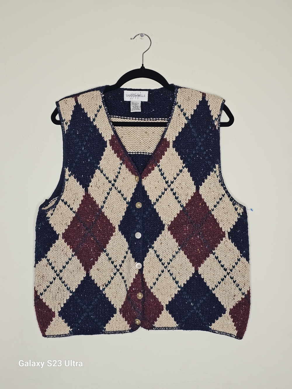 Argyle Knit Button-Front Vest - Navy, Cream & Burgundy